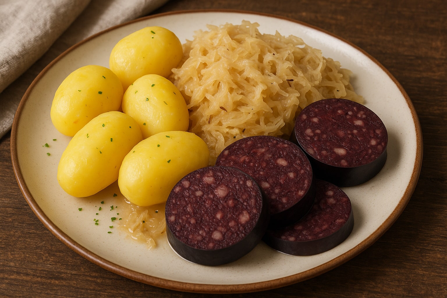 Blutwurst mit Salzkartoffeln und Sauerkraut