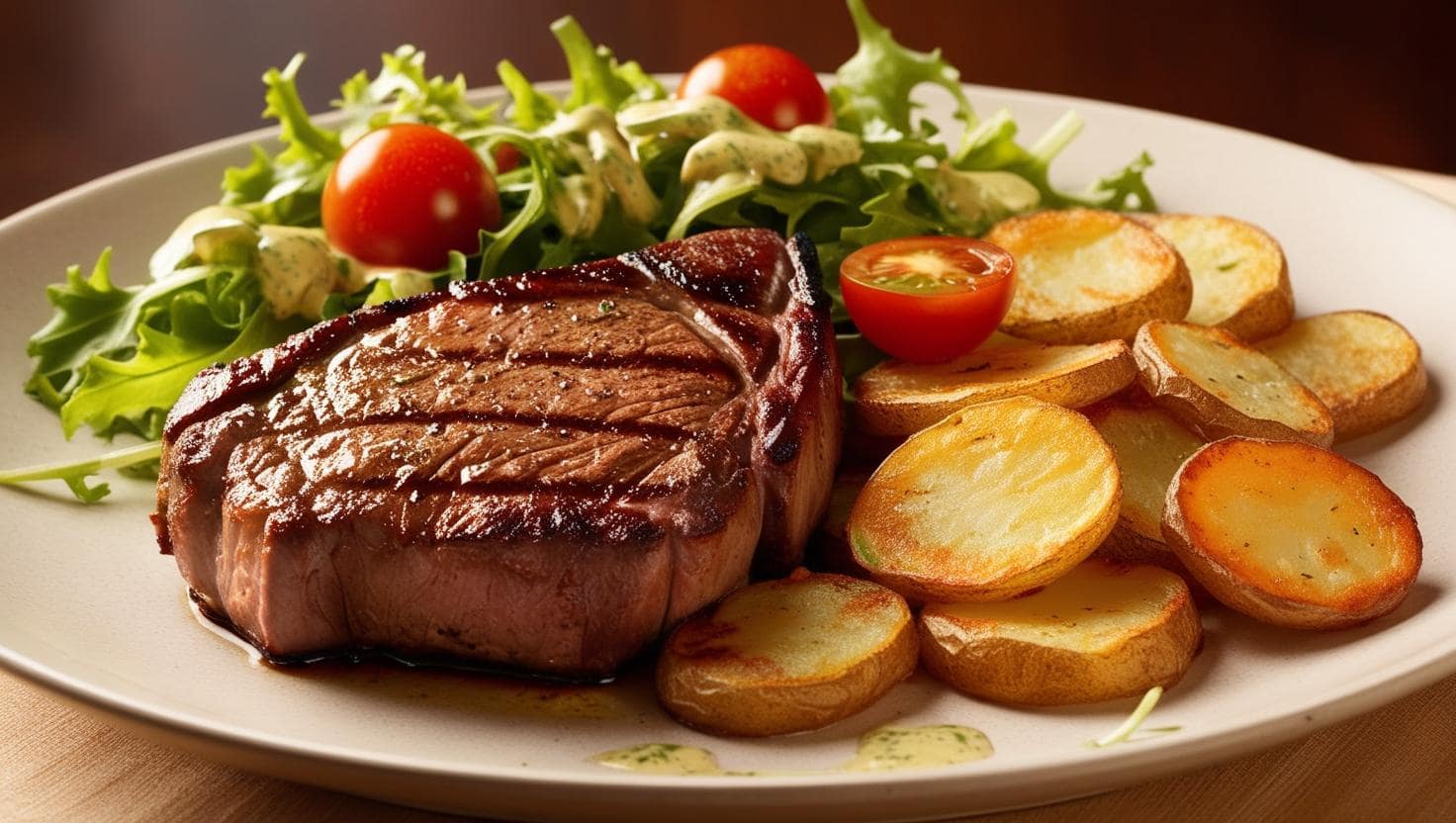 Steak mit Kartoffelscheiben und Beilagensalat